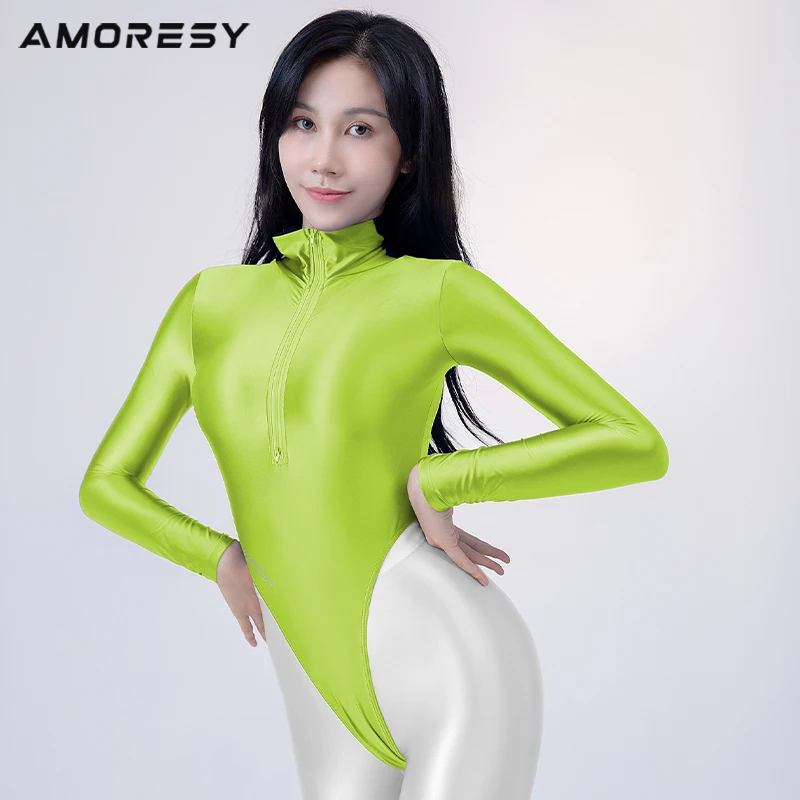 

AMORESY Shiny Collection Skinny Long Sleeve Solid Spandex Ultra High Leg Thong T- back Front Zipper One Piece Swimsuit Bodysuit