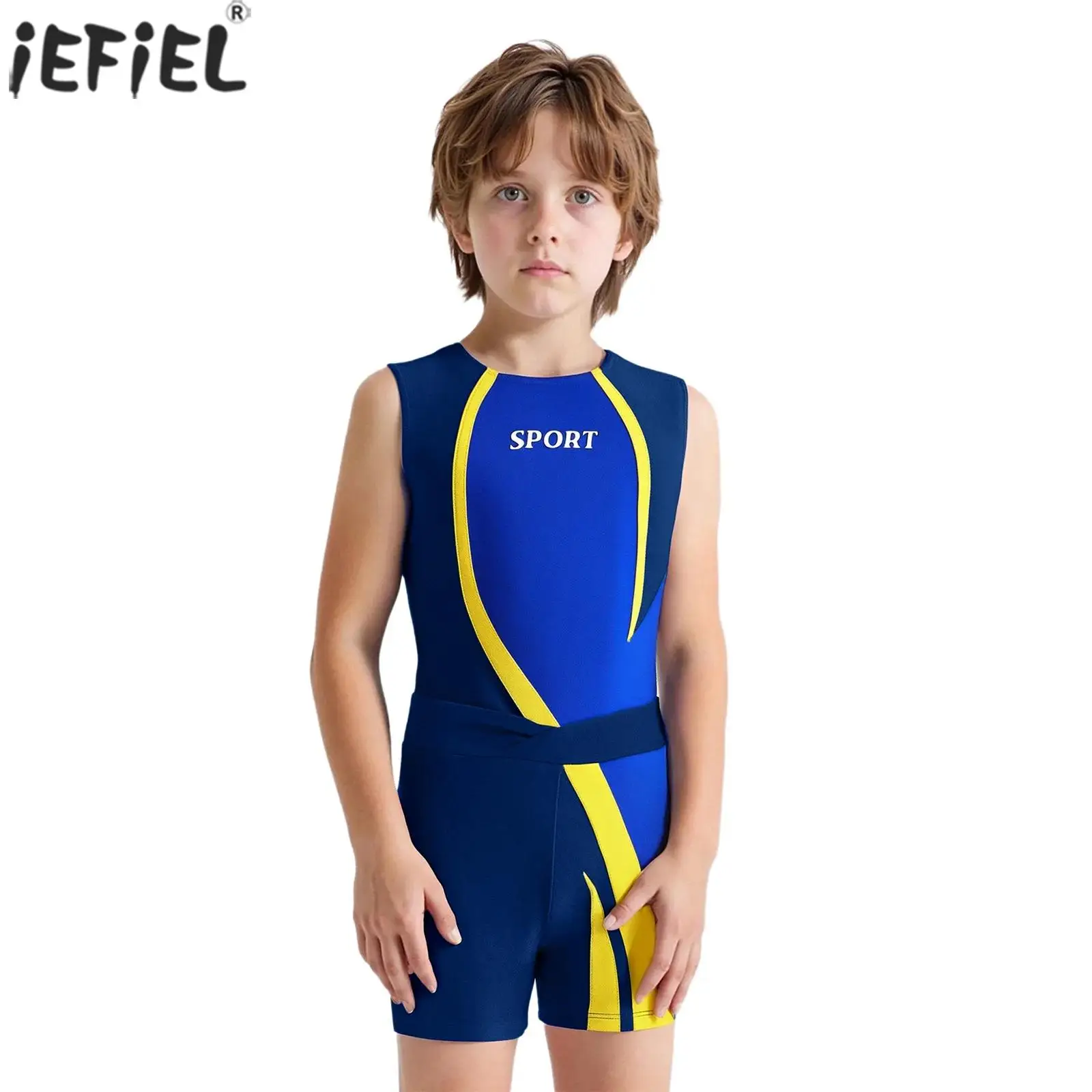 Kinder-Jungen-Gymnastik-Tanzkostüm, ärmellos, mit Buchstaben-Aufdruck, mit sportlichen Shorts, Fitnessstudio, Workout, Yoga, Sportbekleidung, Bademode