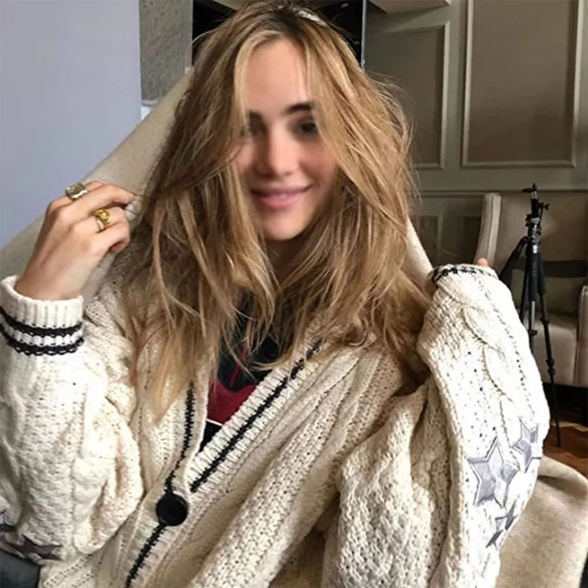 

Loose Long Sve V-Ne Knitted Cardigan Women's Autumn Winter Faion Striped Color Blo Twist Star Button Open irt