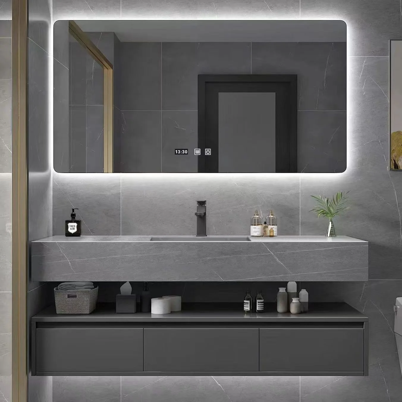 Modern Simple Practical Solid Wood Rock Board Drawer Double-Layer Bath Mirror Washbasin Storage Cabinet Lacquer Finish Factory