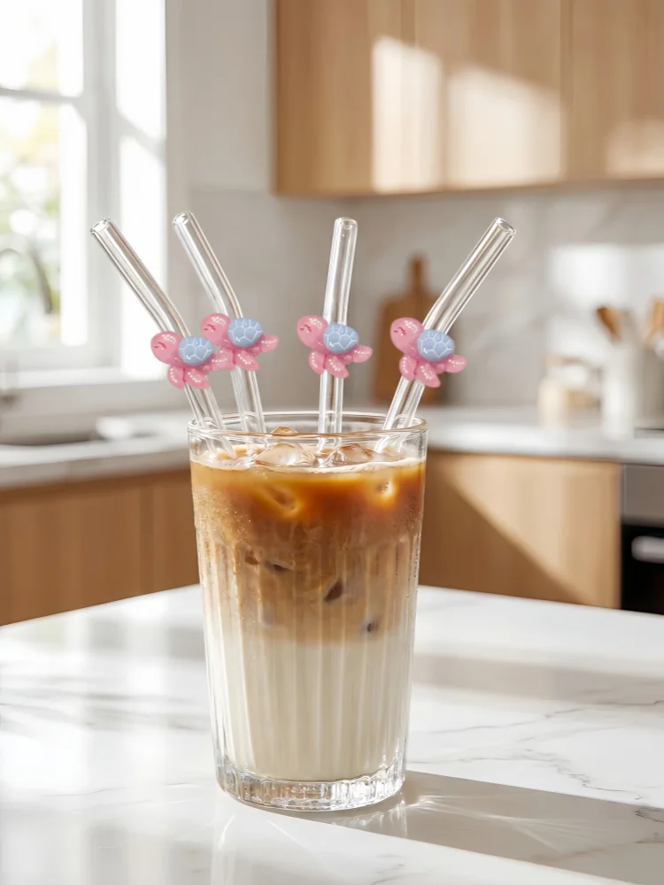 1/2/6PCS Pink Turtle Ocean Themed Glass Straw for Hot Cold Beverages, Kitchen Decor, Café Supply, Holiday Gift Party Photo Prop