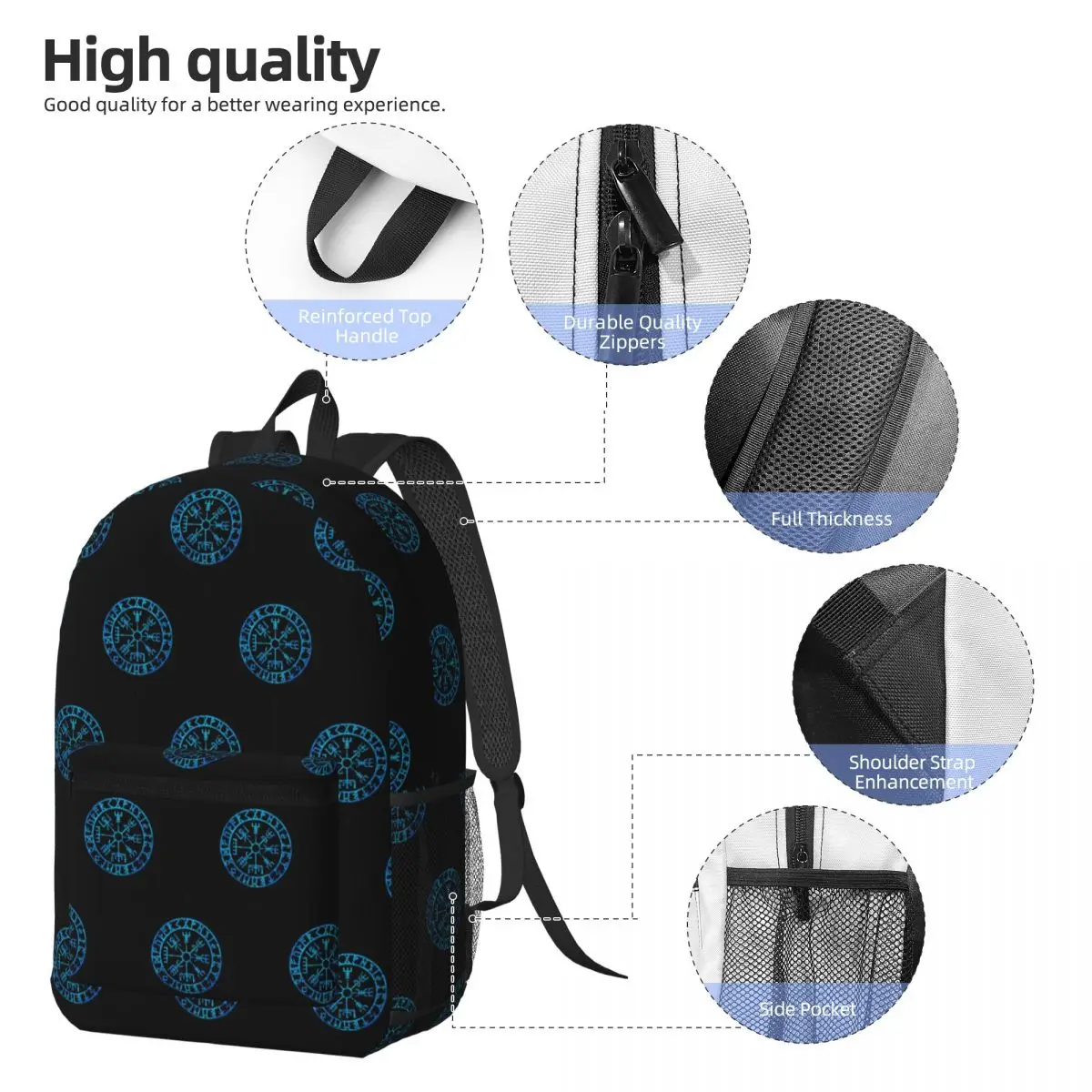 Vegvisir Icelandic Futhark Runes Compass Norse Mythology Viking Protection Symbol Backpack BookBag School Bag Shoulder Bags