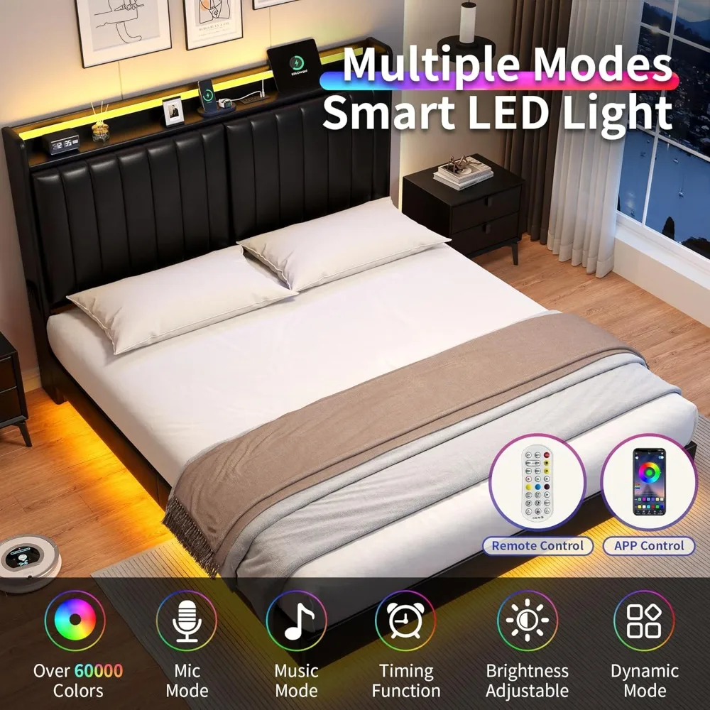 Estrutura de cama flutuante de tamanho completo com cabeceira de armazenamento oculto ergonômico e luzes LED, estrutura de cama LED flutuante visual com carregamento