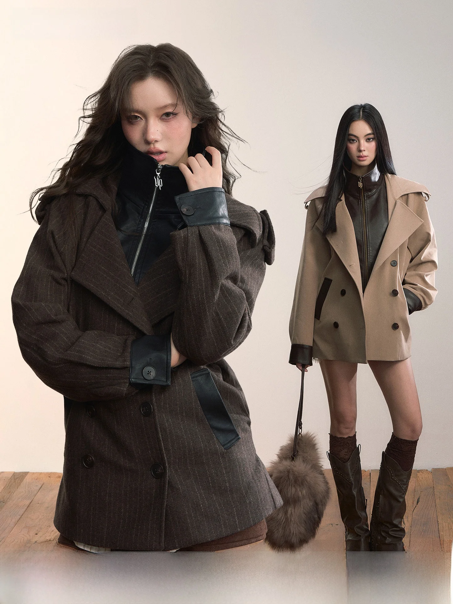 via PITTI Jaqueta Feminina de Inverno Outono para Indústria Pesada, Bloco de Cores, Solta, Versátil, Listrada, Abotoamento Du...
