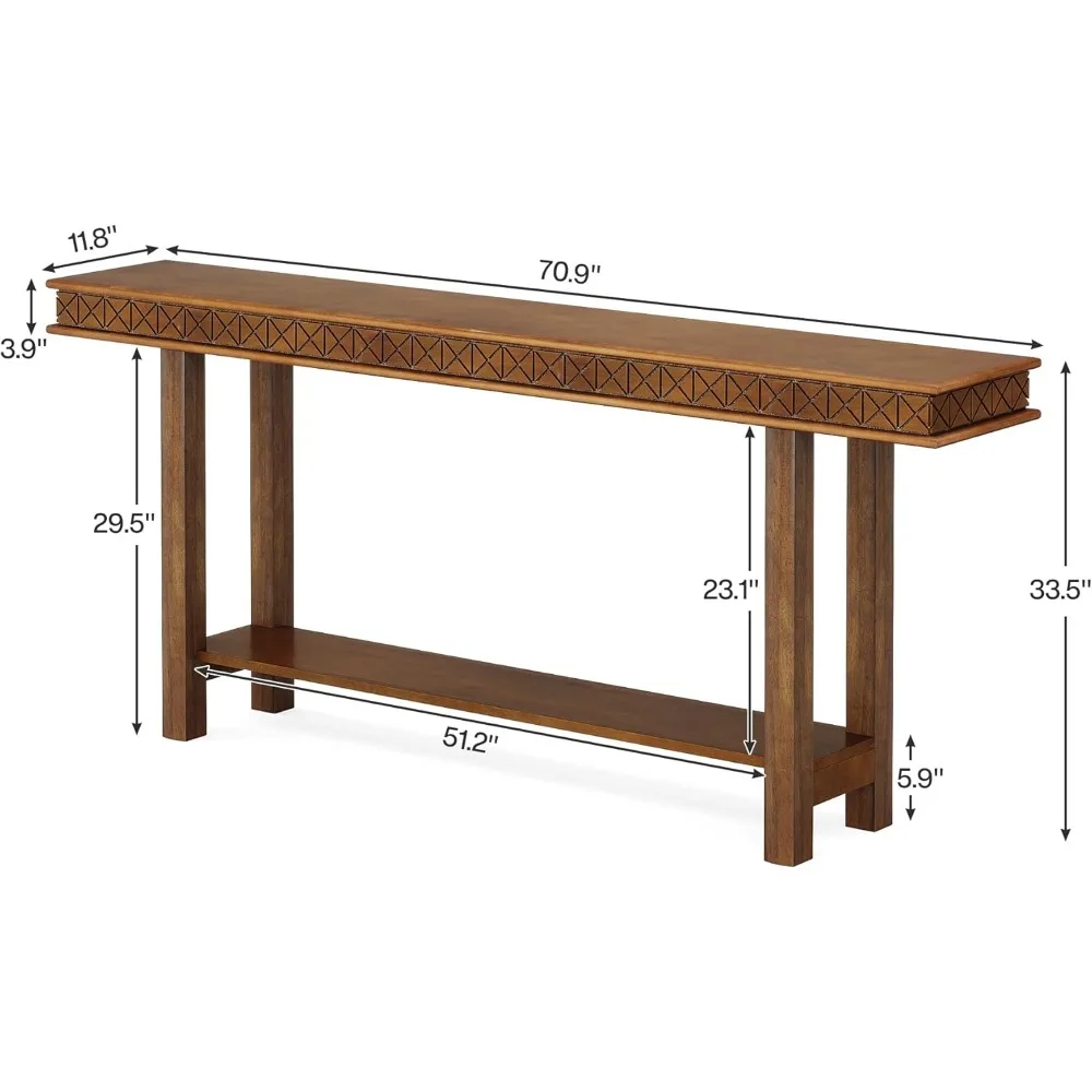 70.9-Inch Solid Wood Extra Long Console Table, Wood Sofa Table Behind Couch Narrow Long, 2-Tier Entryway Accent Table