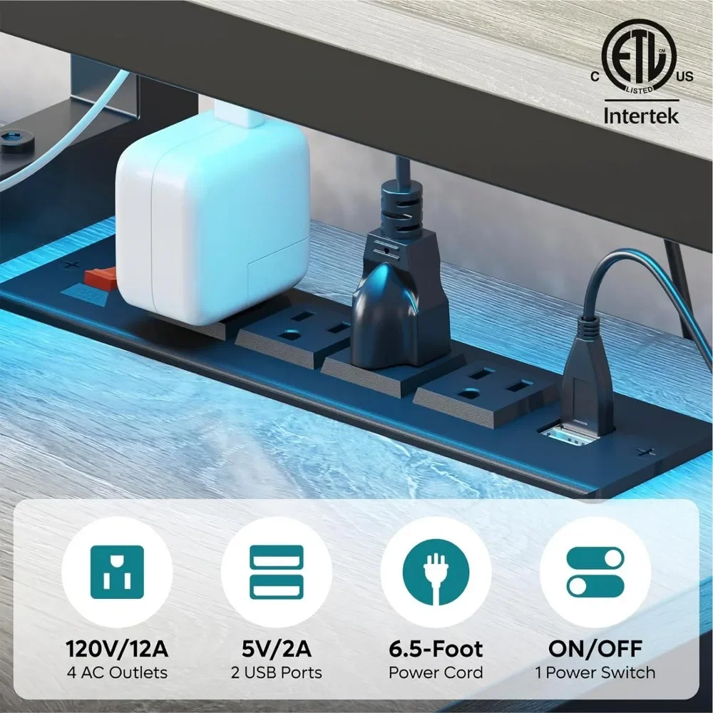 71.5 inch Computer Desk with Power Outlets, LED Home Office Desk with Long Monitor Stand, Large Corner Desk with Storage Shelf