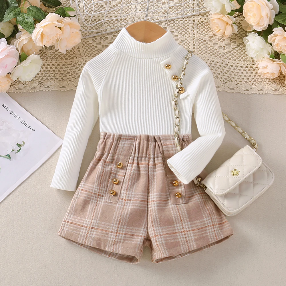 Small And Medium-Sized Girl Autumn Long Sleeved Collar T-Shirt+Checkered Shorts Two-Piece Set