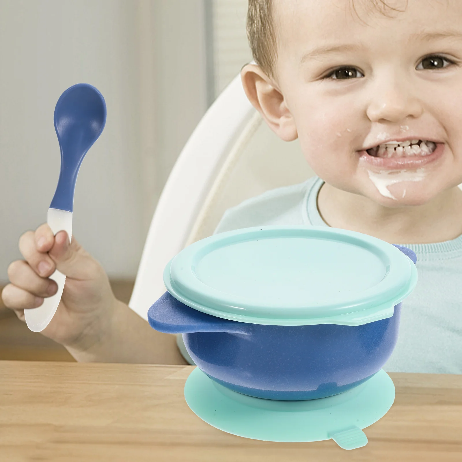 

1 Set Suction Cup Baby Food Bowl with Lid Spoon Straw Yellow Orange Anti Scald Cartoon Design Toddler Self Feeding