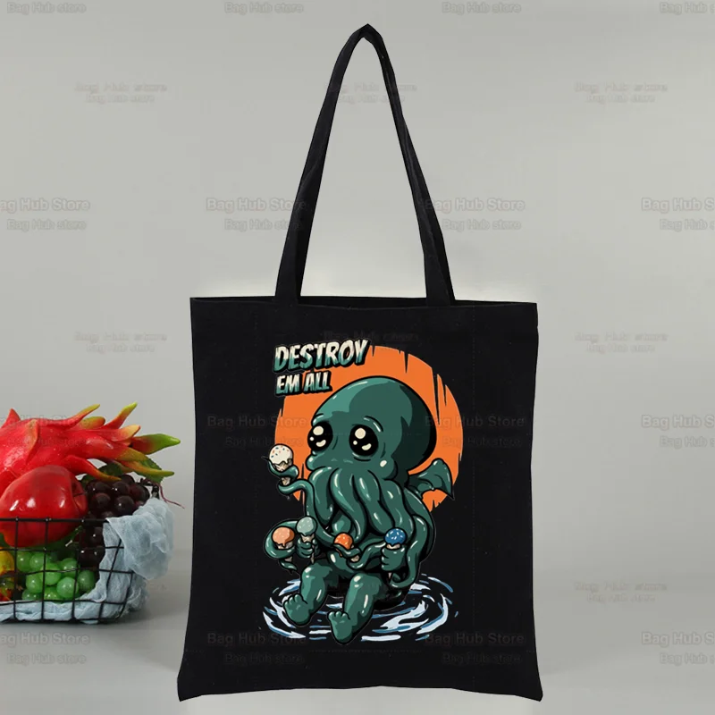 Cthulhu ปลาหมึกผู้หญิงสยองขวัญกระเป๋าผ้าใบช้อปปิ้งผู้หญิงสาว Tote Eco lovecraft กระเป๋าสะพายไหล่นักช้อปลึกลับฮาโลวีน