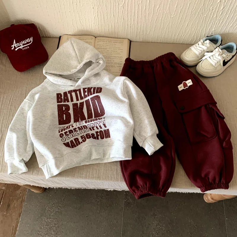 

Boys Set 2025 Autumn Winter Kids Clothes Fashion Sporty Letter Print Long Sleeve Hooded Sweatshirt Loose Pant Two Piece Set