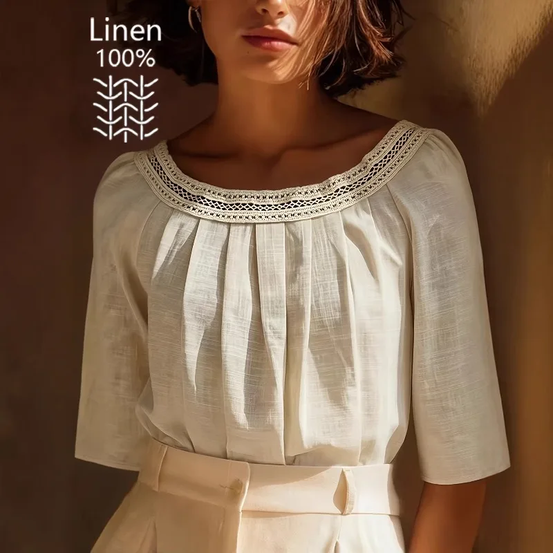 

Women's Spring/Summer Women's New Trade Lace Edge Women's Fashion Thin Round Neck Mid Sleeve Breathable Top