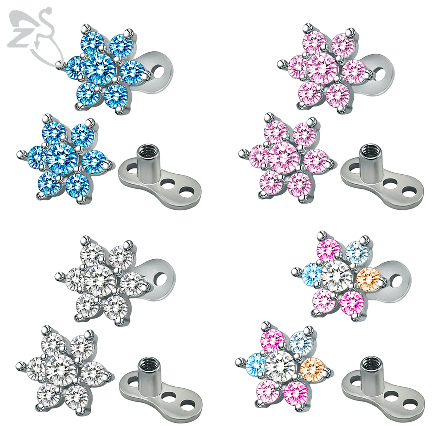 Cute White Pink Blue Flower Crystal Dermal Anchor Piercings Stainless Steel Skin Diver Tops Dermal Piercing Hide in Skin Jewelry