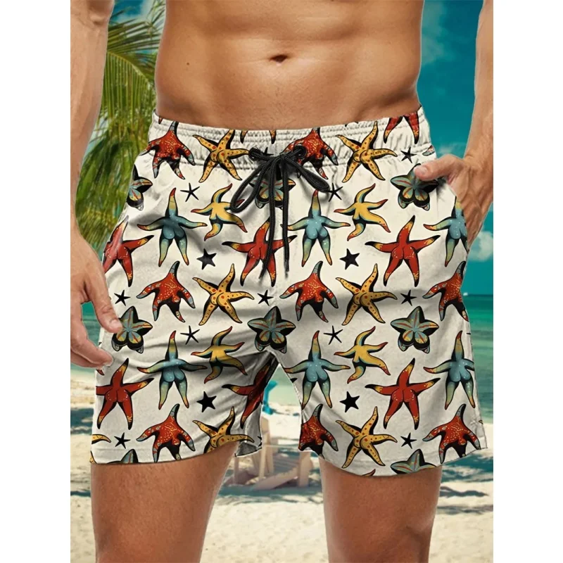 3D Printed Fish Starfish Short Pants For Men Leaves Pattern Swim Trunks Casual Swimwear Beach Shorts Sports Surf Board Shorts