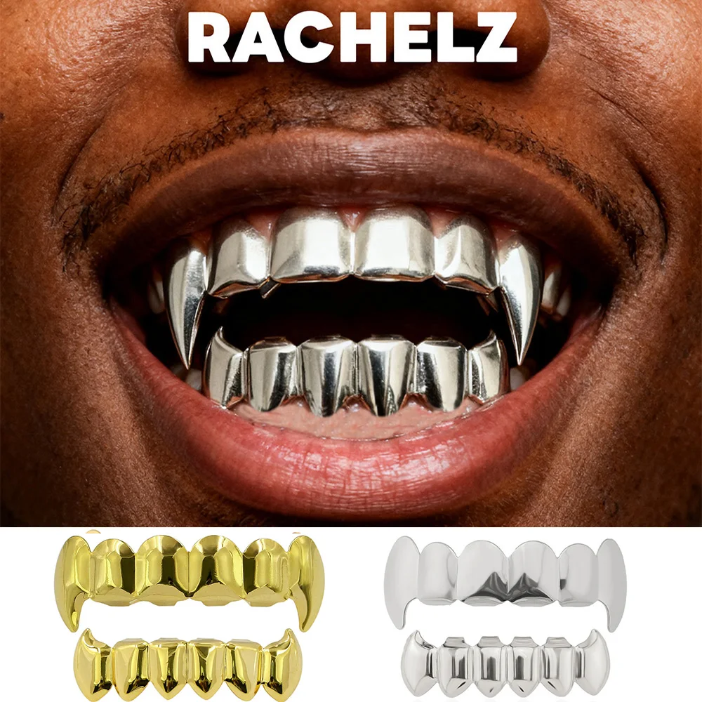 RACHELZ clásico 6/6 colmillos de vampiro dientes brillantes Grillz gorros de dientes de boca de Hip Hop para Mujeres Hombres joyería regalo de Cosplay de Halloween
