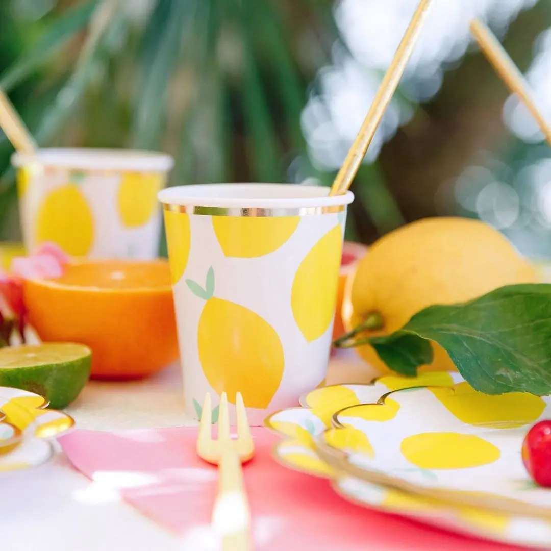 1set Lemon Themed Disposable Tableware Paper Straw/Cups/Banner for Lemon Themed Summer Pool Birthday Party Decorations