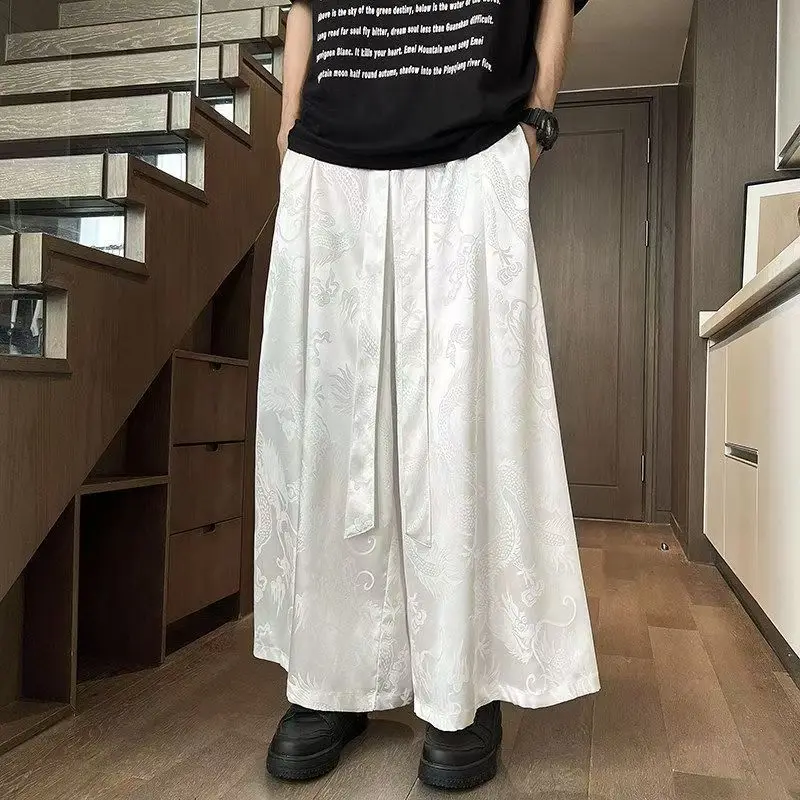Men's New Chinese Style Dragon Jacquard Pants Summer Loose Straight Ice Silk Trousers Vintage Hanfu Bottoms