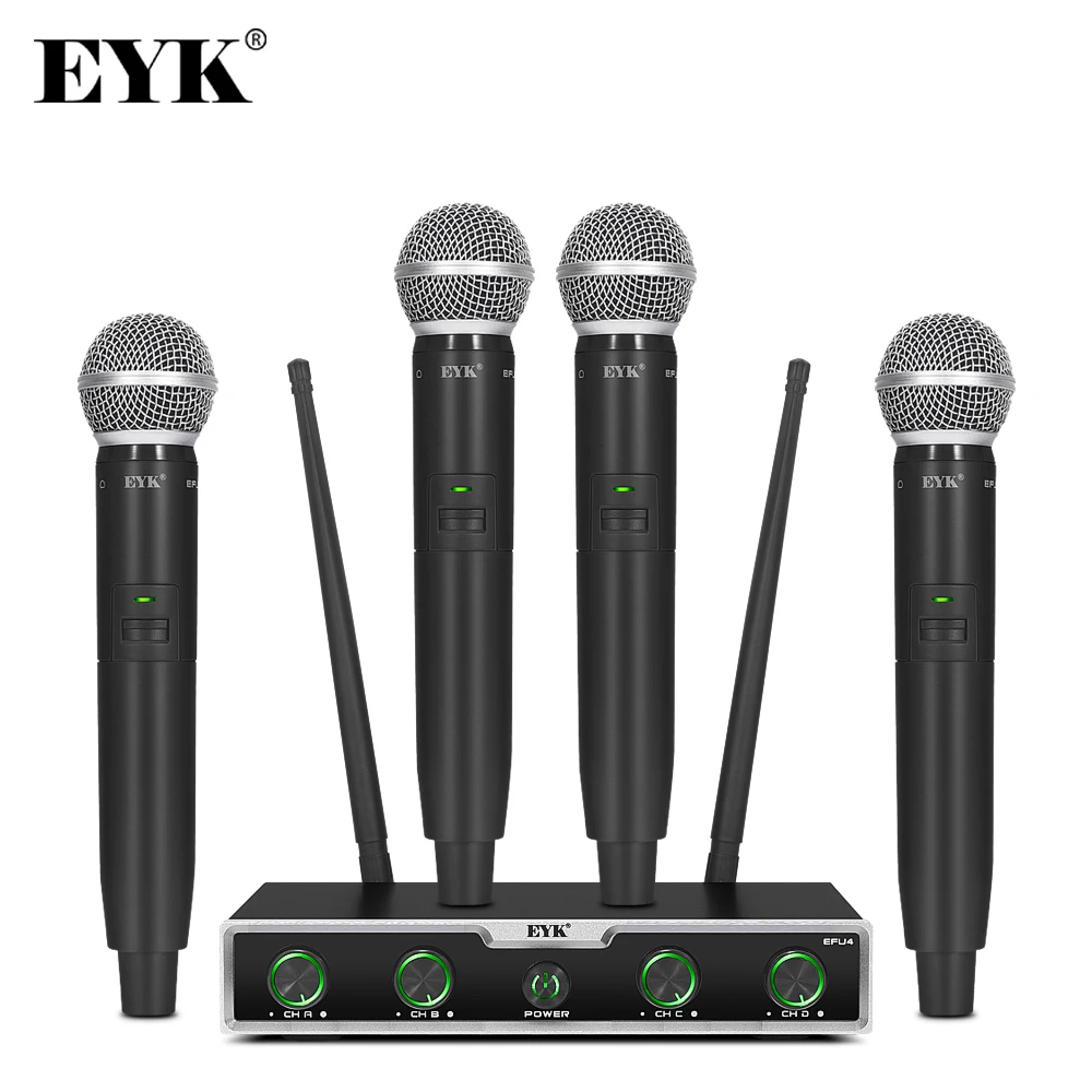 EYK EFU4 Portable Wireless Microphone System Professional 4 Channel UHF Dynamic Handheld Mic for Karaoke Party Church Stage Band