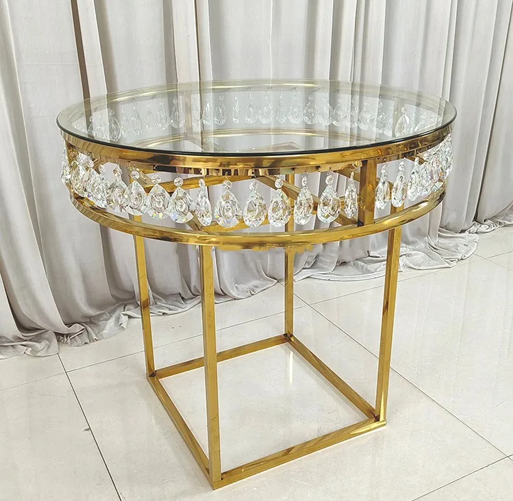 Wedding Round Gold Stainless Steel Metal Transparent Crystal Acrylic Top Bar Wedding Cake Table