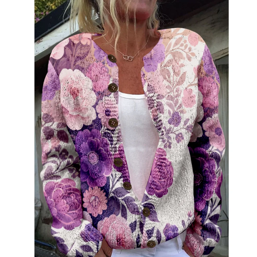 

Осень-зима вязаный кардиган с цветочным принтом винтажная мода повседневный свитер уличная одежда женские свитера вязаный топ уютные джемперы модные