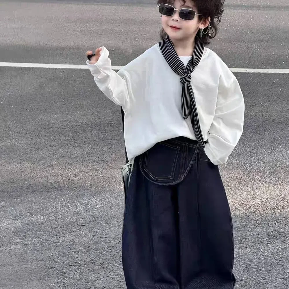 Boys' Spring and Autumn Set Fashion 2026 New Style Children's White Long sleeved T-shirt+Jeans+Tie Handsome Two-Piece Set