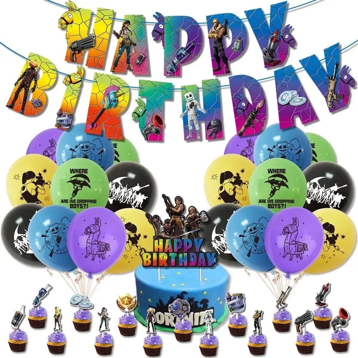 Hot 1 Set Fortnite Party Decoration for Home Banner Cake Topper Balloon Banner Backdrop Cake Topper Boy Birthday Party Supplies