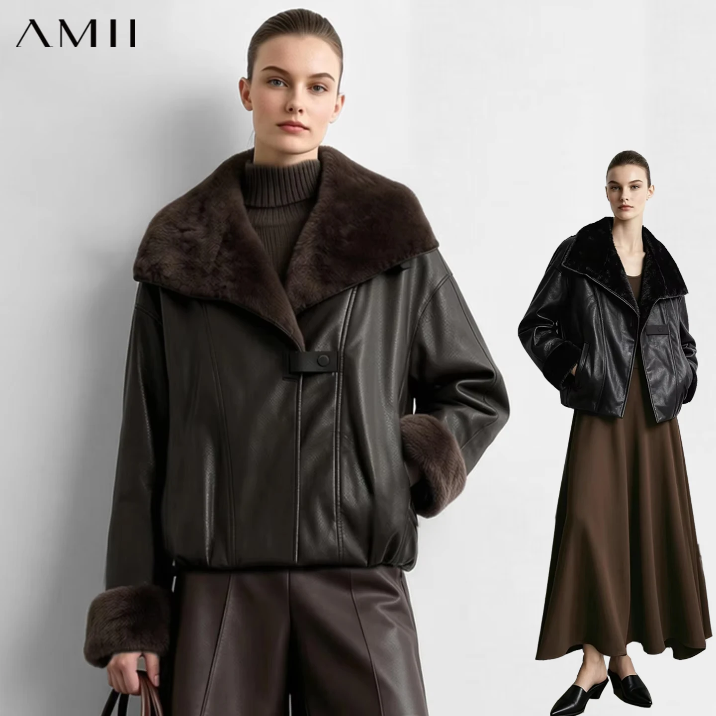 Amii Faux Leather Shearling Collar Jacket Biker Oversized Warm Commuter Minimalist Dark Winter 2026 Women's coat 12644005