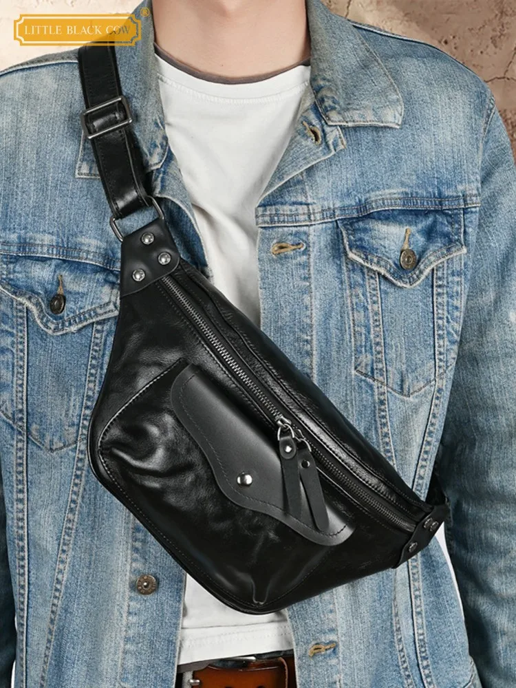 

Handmade Mens Handbag Shoulder Bags Zipper High Quality Cowskin Fashion Black Chest Bag Genuine Leather Bag Motorcycle Single