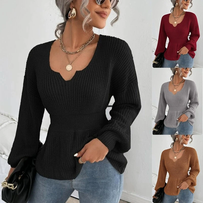

Sweater women's fashion V-neck pullover sweater solid color long sleeved ruffled waist cinched women's shirt