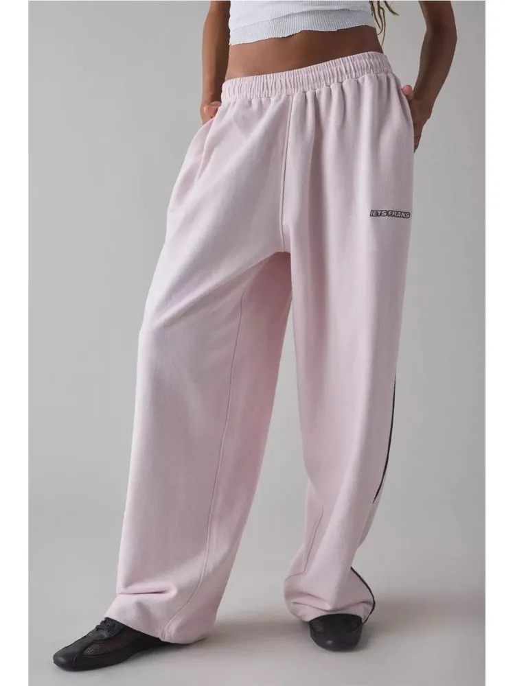 Spring Autumn New Pink Embroidered Casual Pants For Women Loose And Comfortable Straight Elastic Waist Trousers 2026