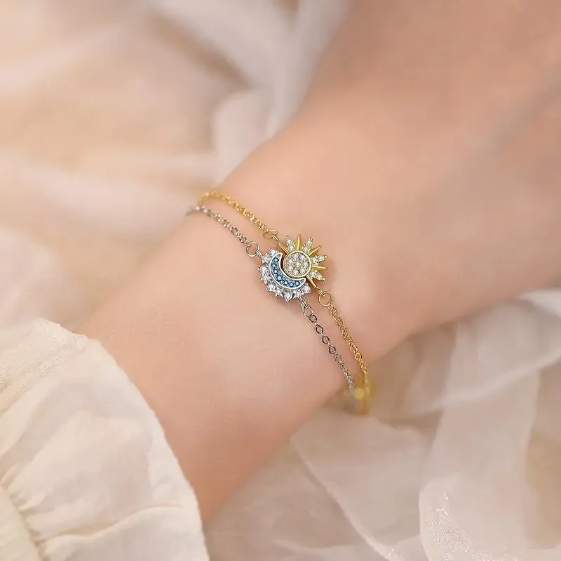 Sun Moon Bracelet Set Stackable Sparkling Gold Sun Ring & Blue Moon Bracelet for Couples Ideal Friendship Gift Versatile Stylish Accessory