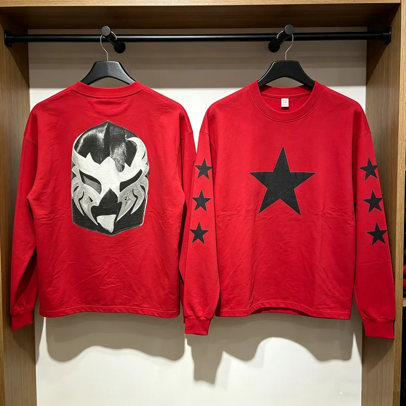 Long Sleeve Chest Five-pointed Star Print T Shirt Men Women Kanye West Bully LS-03 YE LIVE Tee Black Mask Print Tops T-shirt