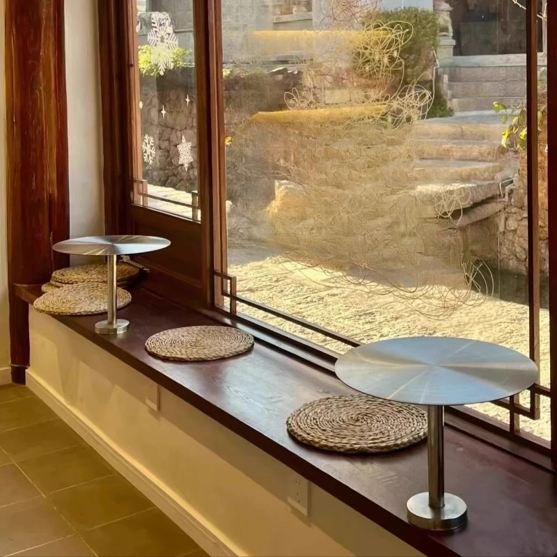 

Cafe card seat fixed small table industrial style milk tea small round table stainless steel wall mounted round table