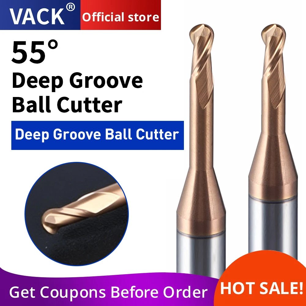 VACK H55 2F Solid Carbide Ball Nose End Mill Extra Long Reach Tapered Milling Cutter CNC Machine Router Bit R0.5 R1 R1.5
