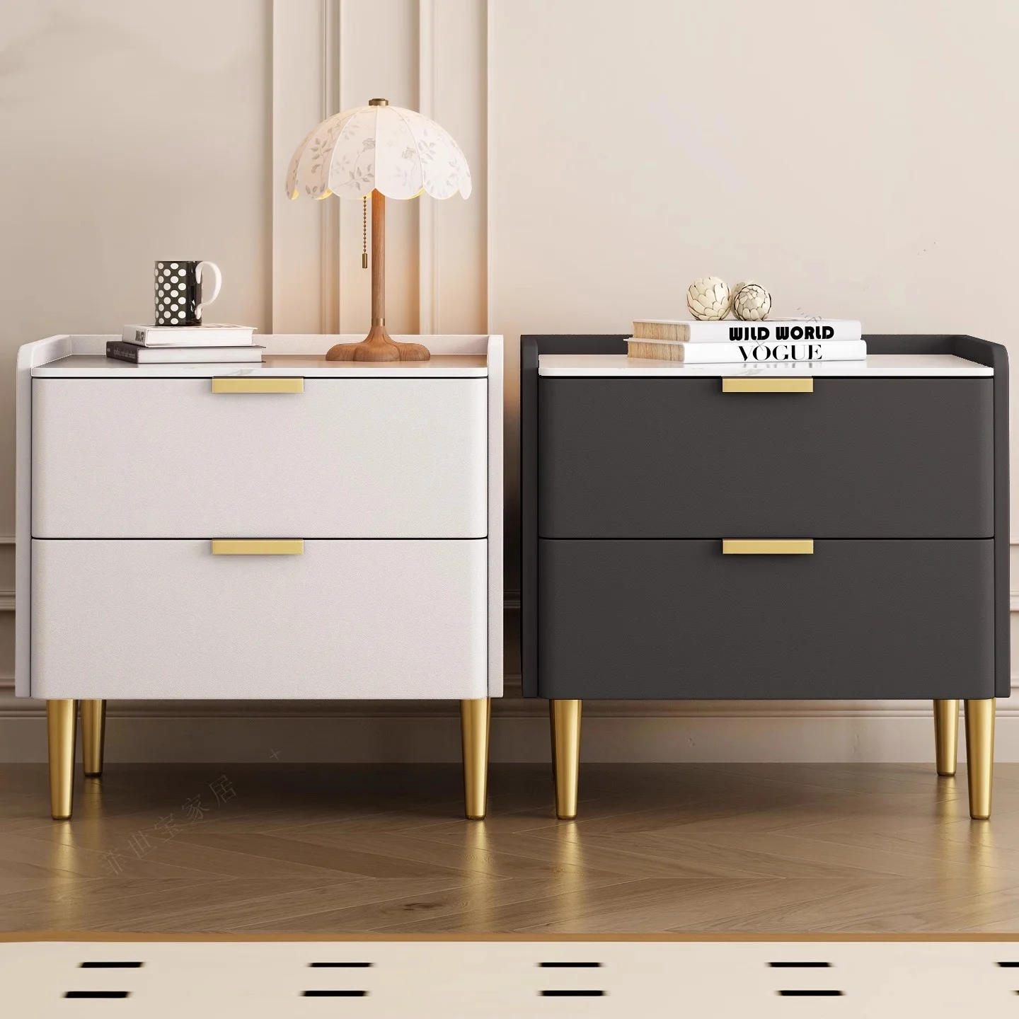 

Solid Wood Bedroom Nightstand with 2 Drawers Minimalist Modern Style Faux Leather Bedside Table with Sintered Stone Top