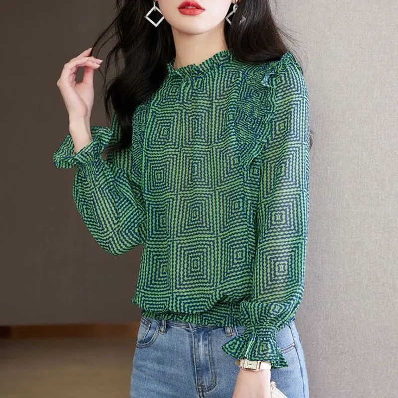 Commute Geometric Printed Shirt Elegant Folds Female Clothing Stylish Ruffles Spliced Shirring Spring Autumn Long Sleeve Blouse