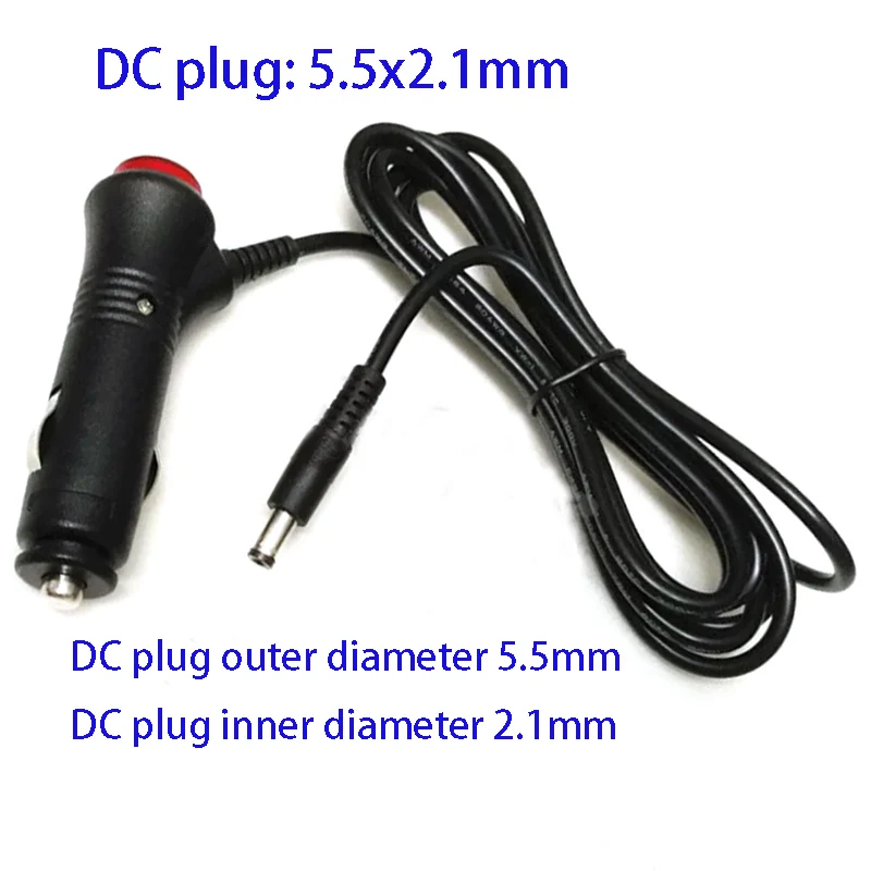 Car cigarette lighter to DC plug with safety ribbon switch, red LED light, 1.5-meter extension cable DC5521
