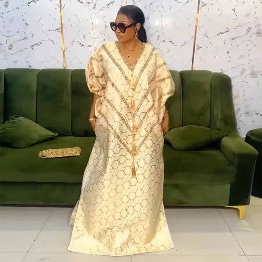 Gaun ukuran Plus untuk wanita Afrika elegan lengan setengah leher V gaun Maxi panjang poliester gaun Abaya Kaftan Muslim