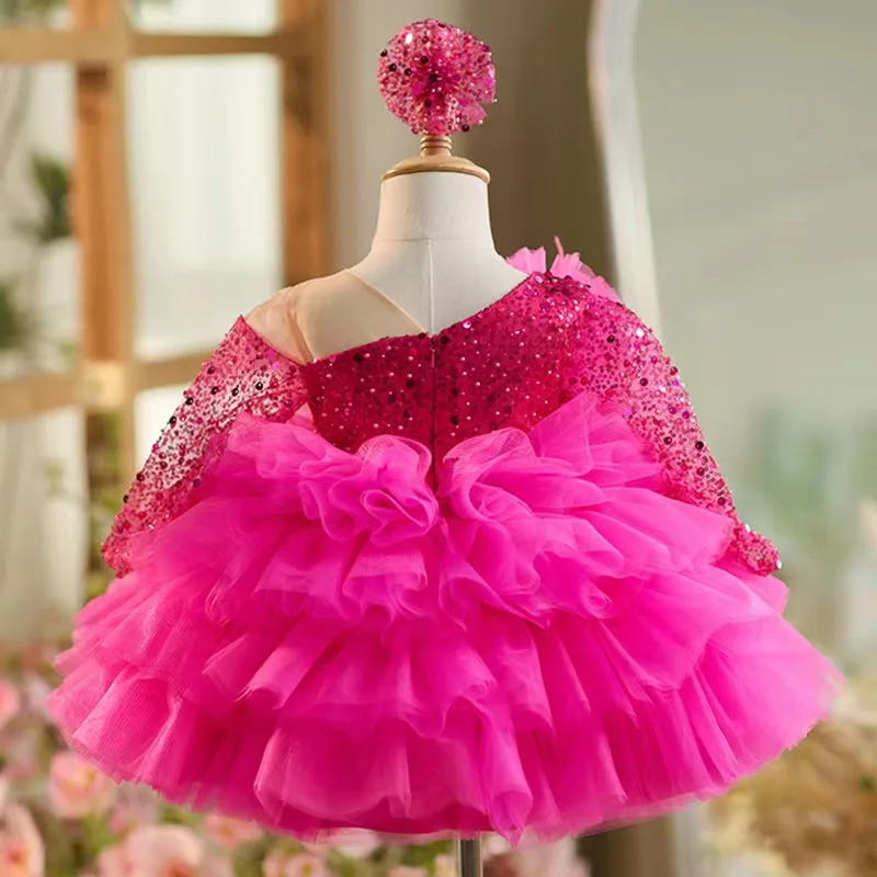 Luxury Flower Girl Dress Show Cake Dress Lace Glitter Peanut Day Ball Wedding Party Dress Kids Dress First Christmas Dress