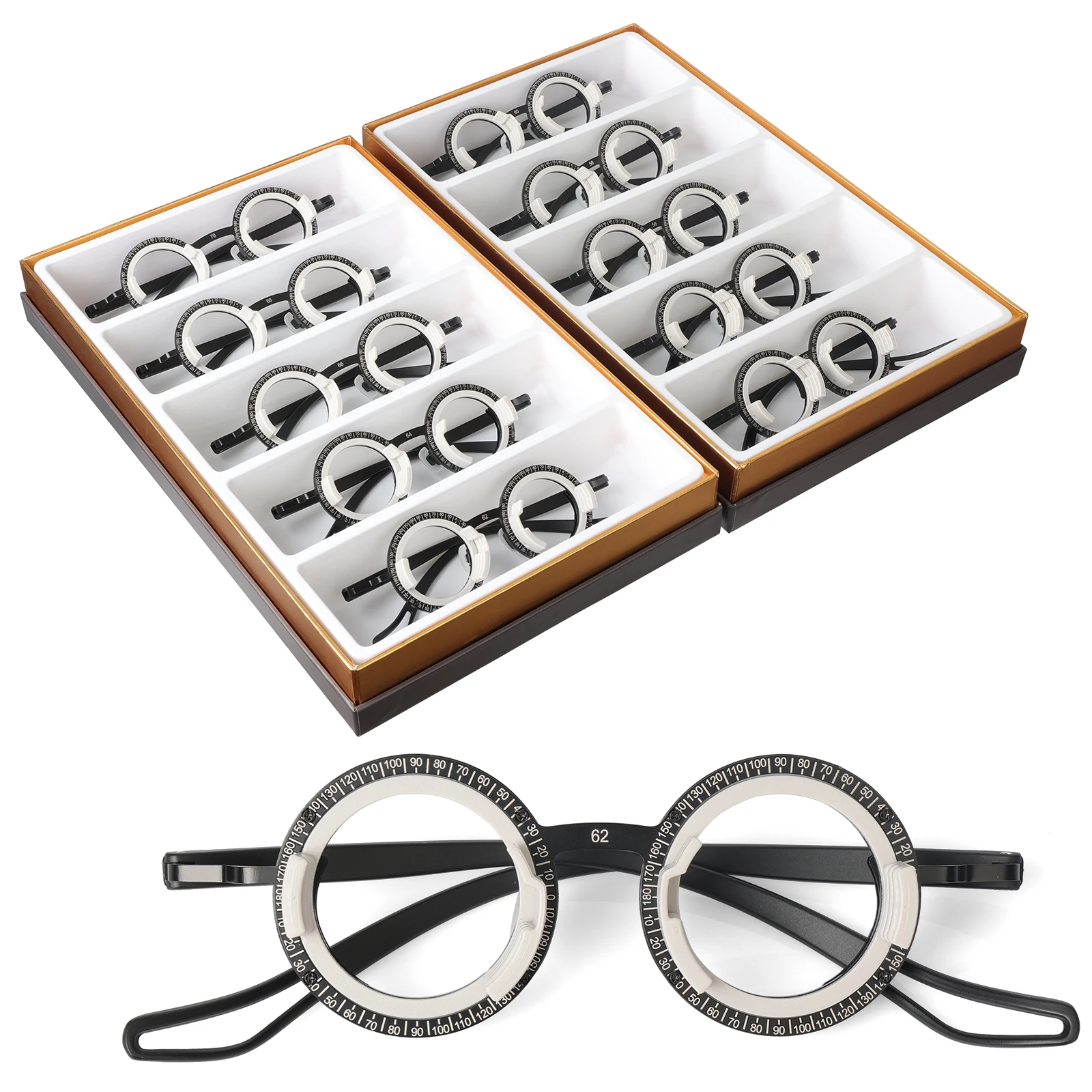10 Uds. Gafas con montura de prueba, montura de prueba, gafas de optometría de marco completo giratorias de 360 grados, 4 insertos oftálmicos ultraligeros 48-72MM