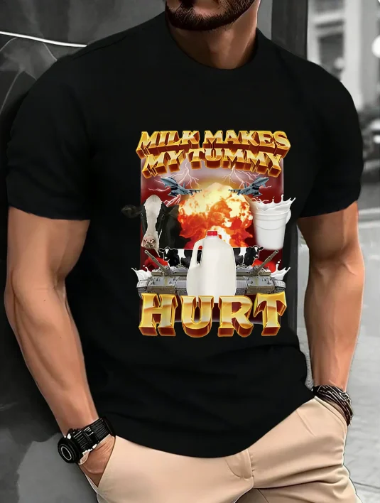 

New Spring/Summer Men's/Women's Milk Makes My Tummy Hurt Pattern Printed Cotton Fashion Casual Short Sleeve Round Neck T-shirt