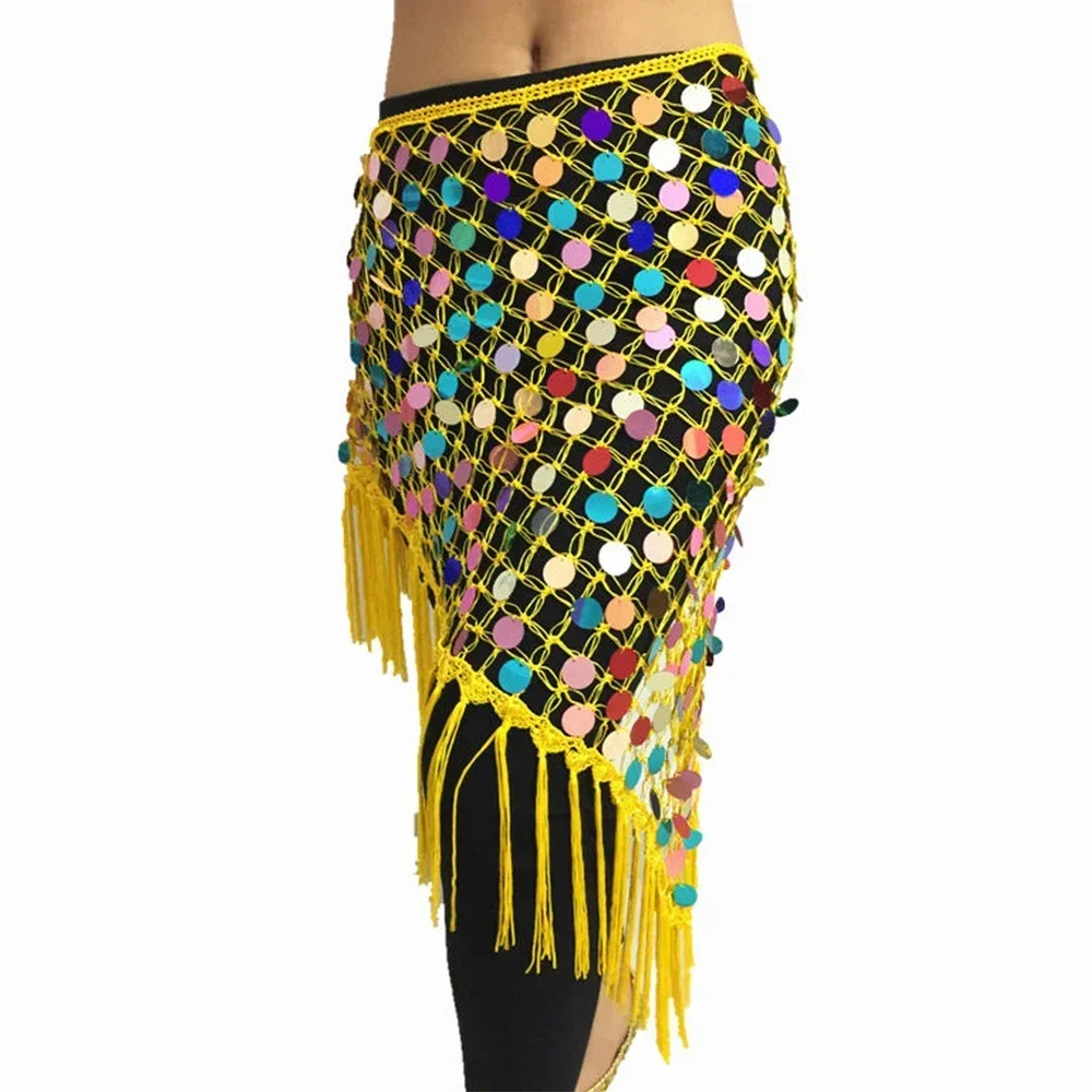 

New style Belly Dance Hip Scarf Wrap Belt Skirt Long Tassel Triangle Hand Crochet Sequin Coin Belt Accessories Training Clothes