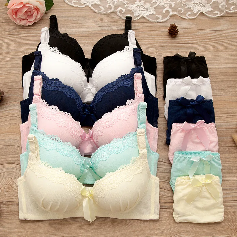 Solid Color Lace Bow Sexy No Steel Rings Comfortable Girls Bra Gather Adjustable Bra Panties Set Teen Underwear Puberty