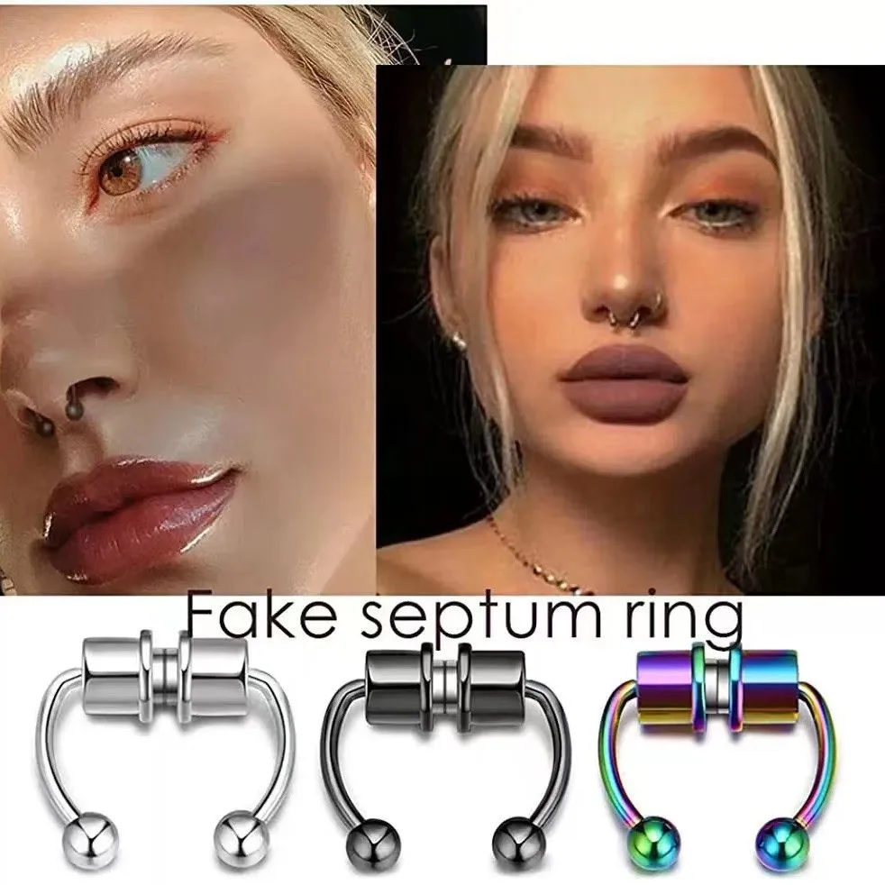 Women Fake Piercing Nose Ring Hoop Septum Piercing Nose Clip Rock HipHoop Stainless Steel Magnet Fashion Body Jewelry Wholesale