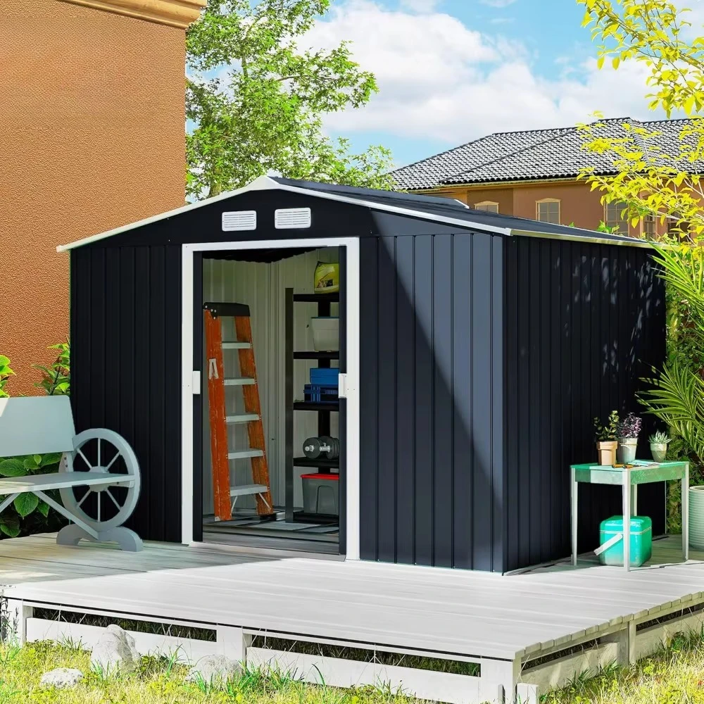 

9ft X 6ft Outdoor Storage Shed, Garden Tool Metal Shed with Foundation Kit, Double Lock Door, Sloping Roof, Customizable
