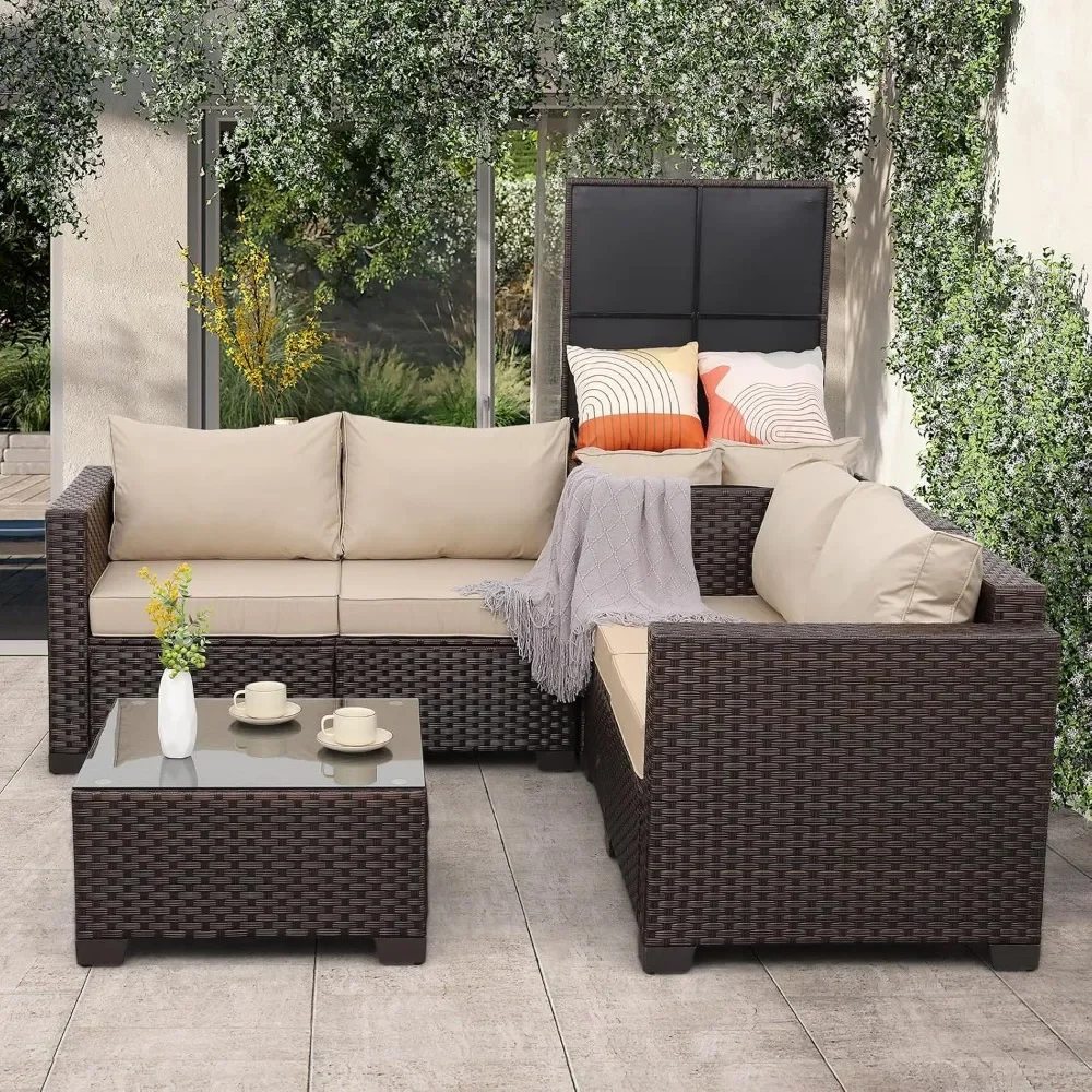 Outdoor Patio Furniture Set 4 Piece Brown Rattan Sectional Sofa Couch PE Wicker Conversation Sets with Storage Box Glass