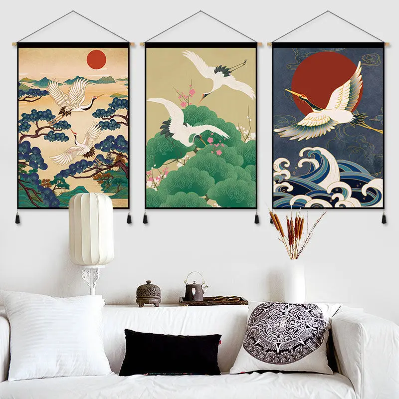 Japanese Living Tea Room Tapestry Background Cloth White Crane Attracting Wealth Entrance Entrance Art Wall Decoration Painting