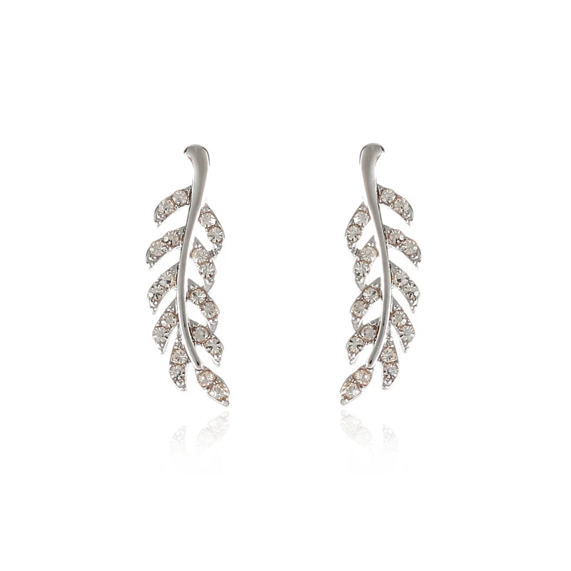2024 New Crystal Feather Stud Earrings for Women Gold Color Silver Color Leaf Shape Girls Small Earrings Fashion Ear Jewelry