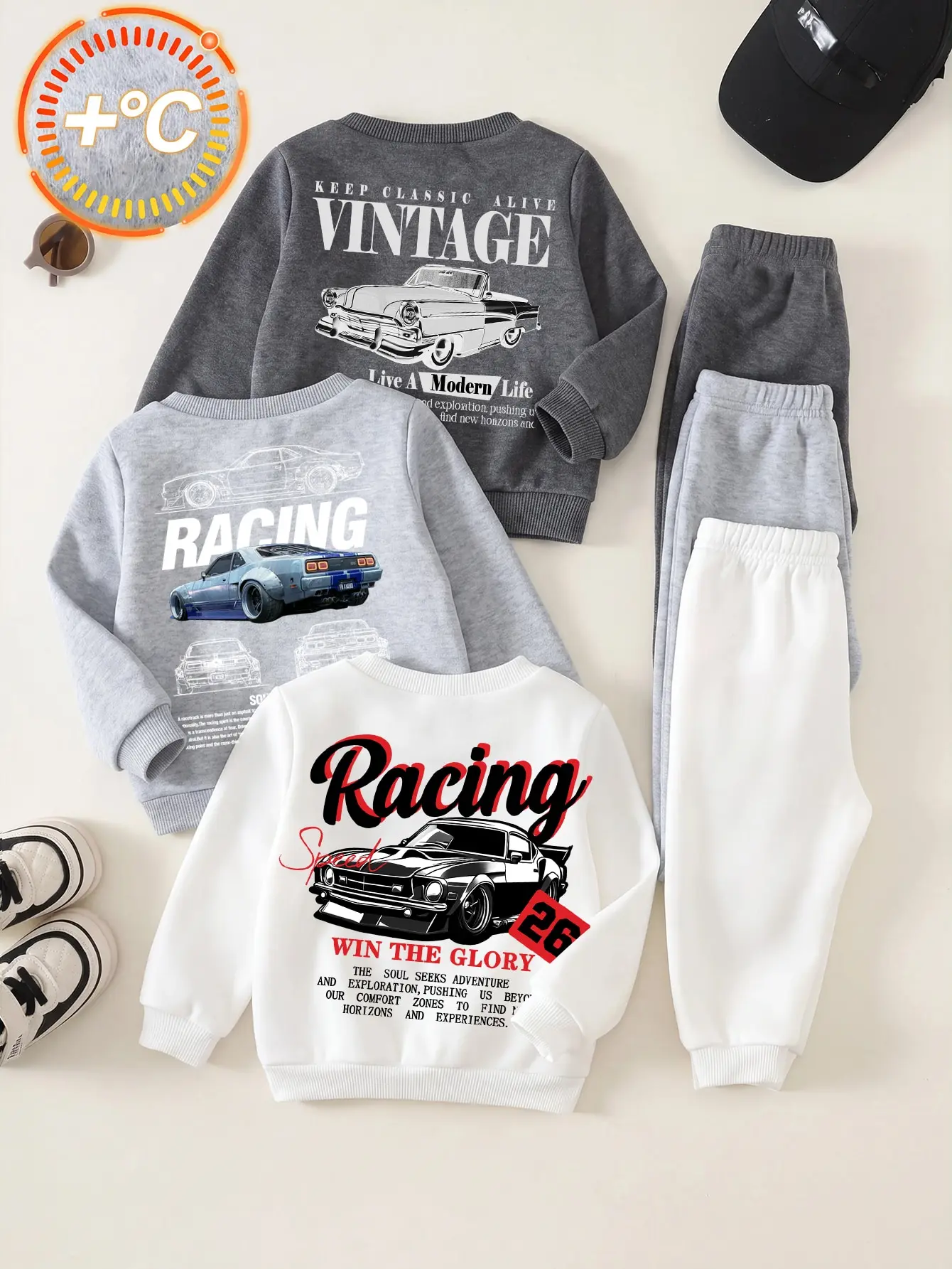 Unisex Baby Boy/Girl, Toddler 3sets Autumn/Winter Thermal Lined Thickened Casual Fashion Racing Pattern Sweatshirt Set Multi-Piece, Baby Winter Clothes, Streetwear, Tracksuit