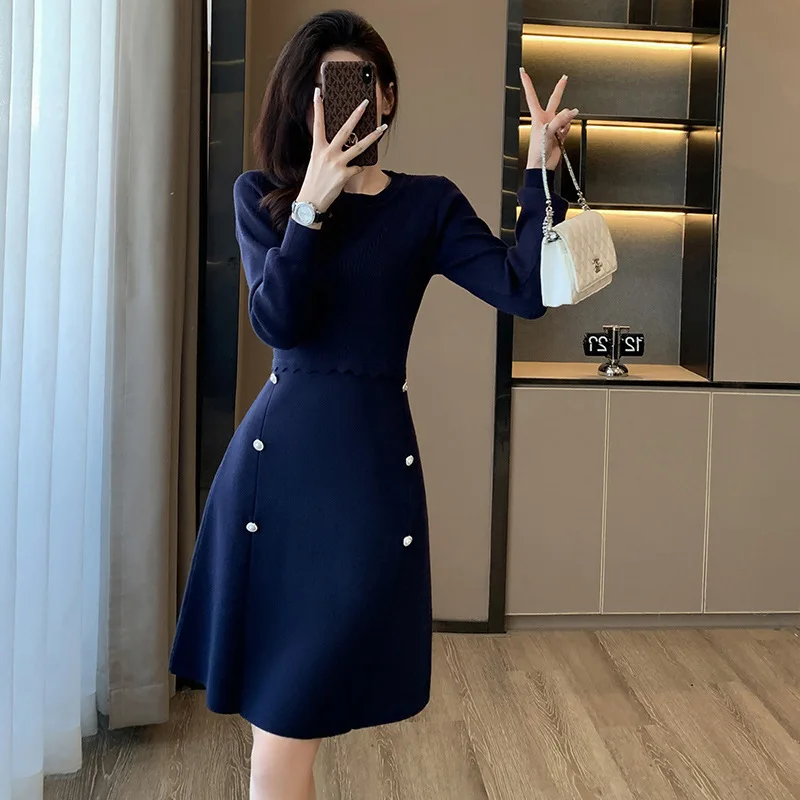 #0961 Blue A-line Sweater Dress Women False Two Piece A-line High Waisted Knitted Dress Female Slim Stretch Short Dress Ladies