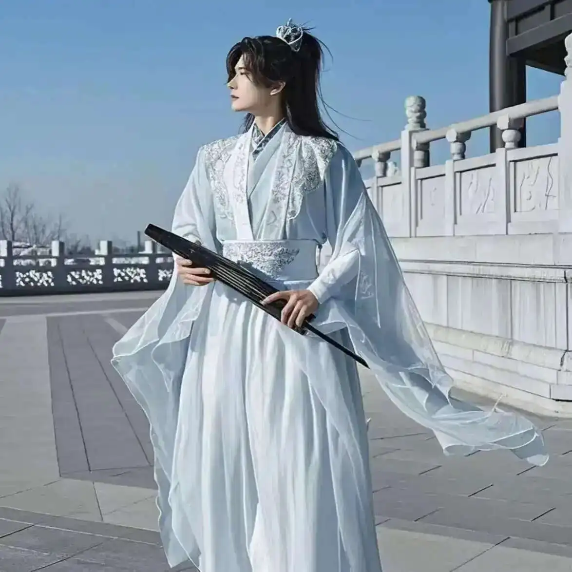 حجم كبير 3XL Hanfu الرجال الصينية المطرزة الأبيض تأثيري حلي القديمة Hanfu مجموعة زي هالوين تنكري الضوء الأزرق Hanfu